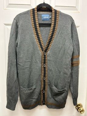 Men's Gray Cardigan with One-Sleeve Brown Trim and Pockets